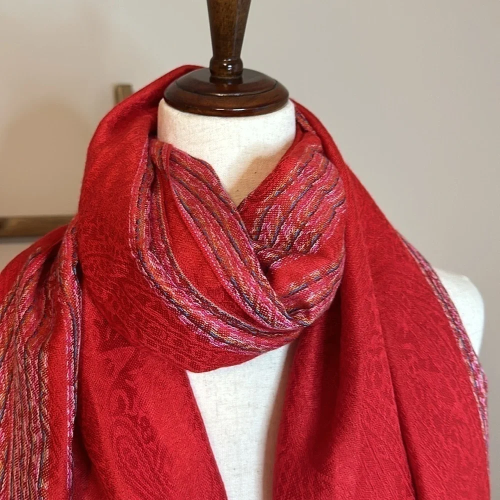 Soft Red Scarf with Striping and Fringe- Viscose and Acrylic Blend